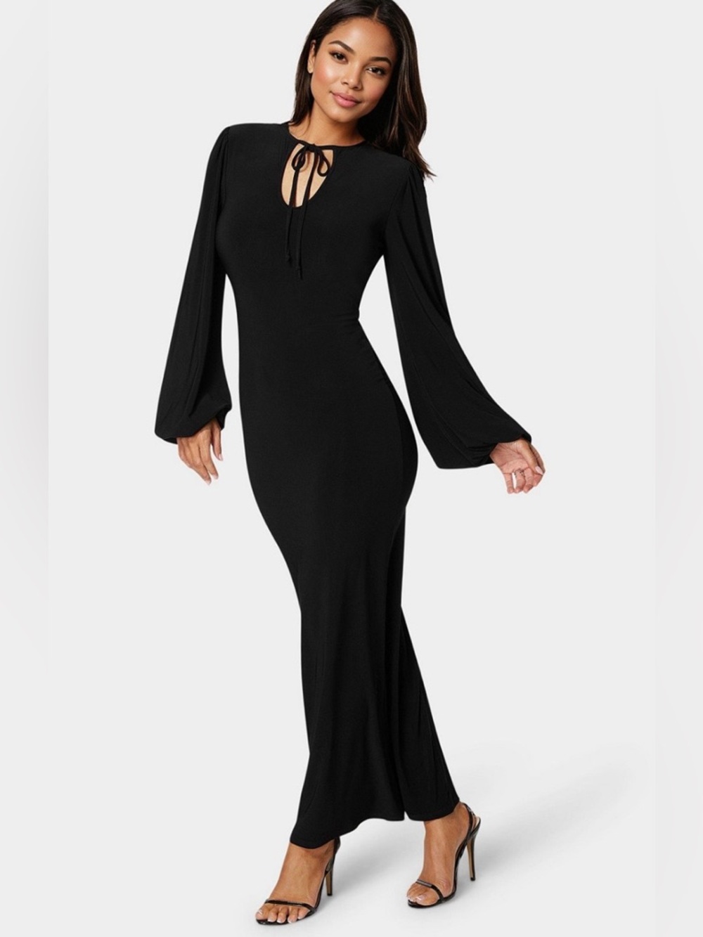 Bebe Black Poet Sleeve Tie-Neck Maxi Dress Size XL - Picture 2 of 15